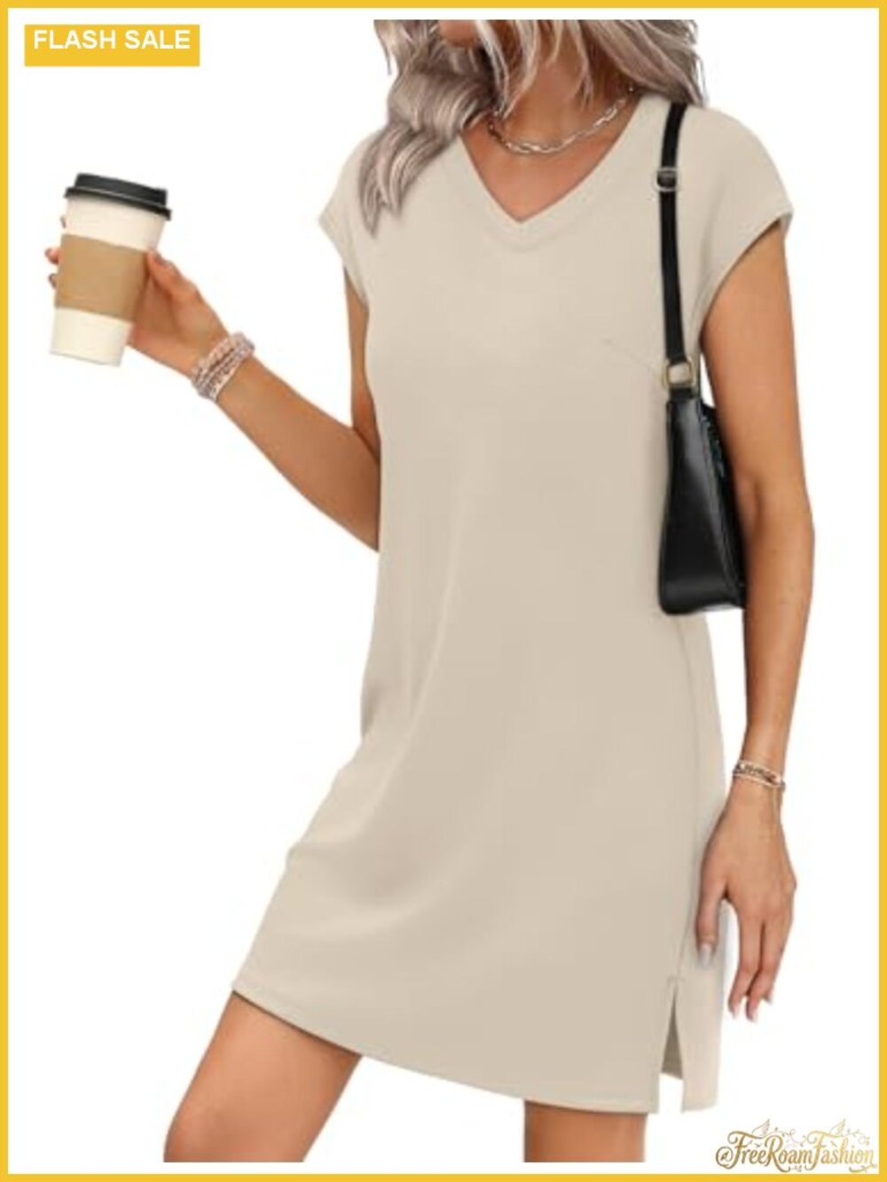 Soft Lightweight Sleeveless V-Neck A-Line Casual Swing Dress, 4-Way Stretch,